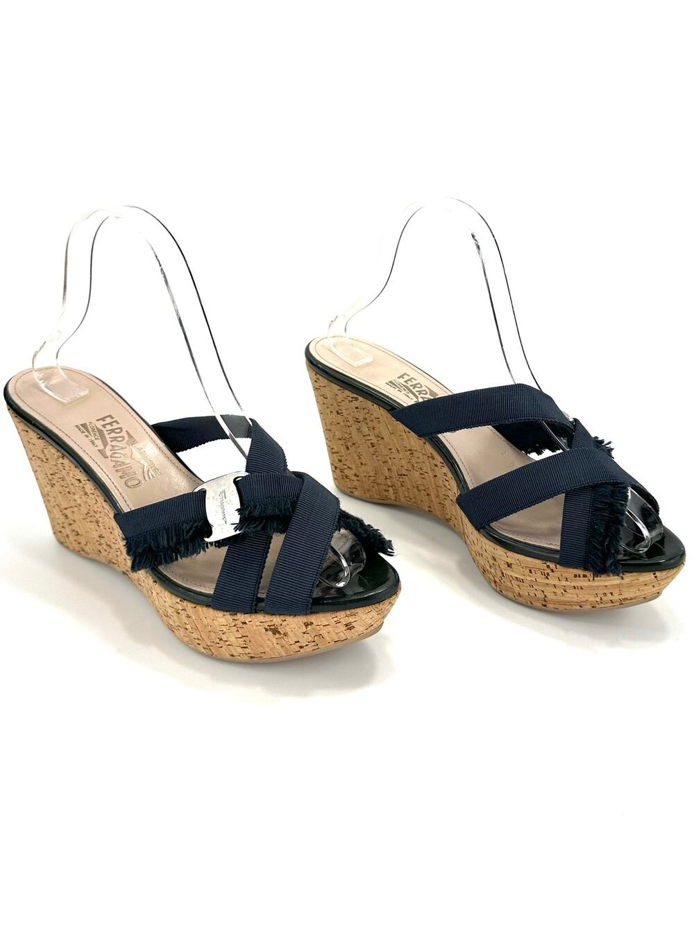 Salvatore Ferragamo Platform Wedge Sandal Sz 8.5 Blue Ribbon Designer Cork Heels